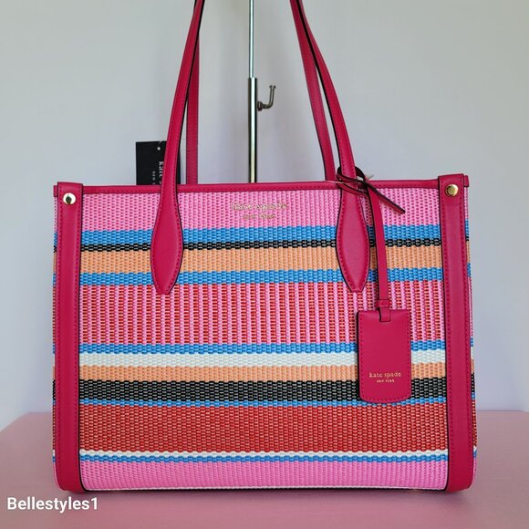 KATE SPADE Market Striped Woven Straw Medium Tote Bag-Wild Raspberry Multi - Picture 1 of 16